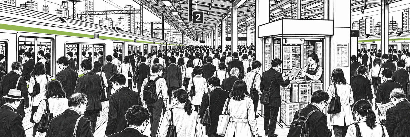 混み合う駅のホームを通勤の人たちが行き交い、売店で新聞を買う人がいる線画
